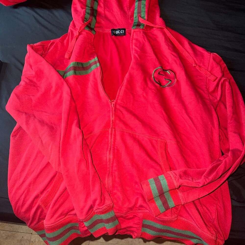 Gucci Red Full-Zip Hoodie with Web Stripe and Interlocking G Logo
